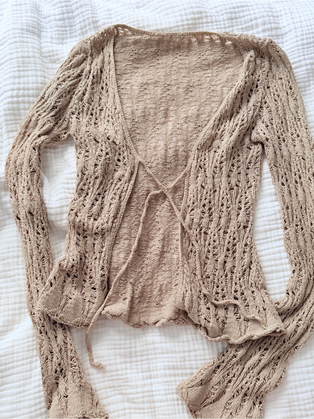 Vintage Open-Knit Crochet Tie-Front Cardigan